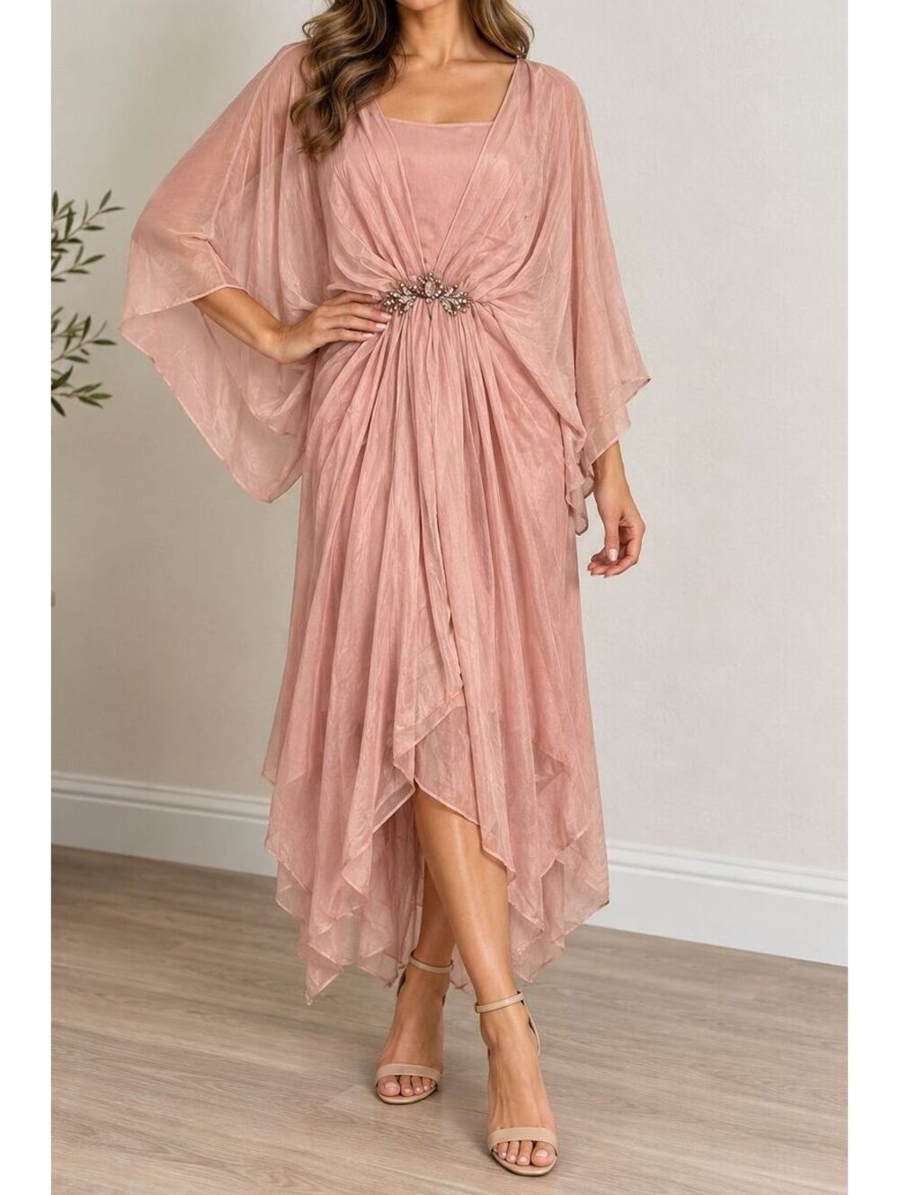 BABEYOND Dusty Rose Batwing Sleeve Pleated Dress Rhinestone Size 8 1920s NWT